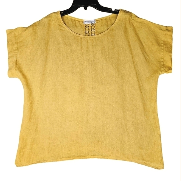 TERZO MILLENNIO Golden Linen w/Cotton Embroidered Split Back Lace Pullover Top - Picture 2 of 10